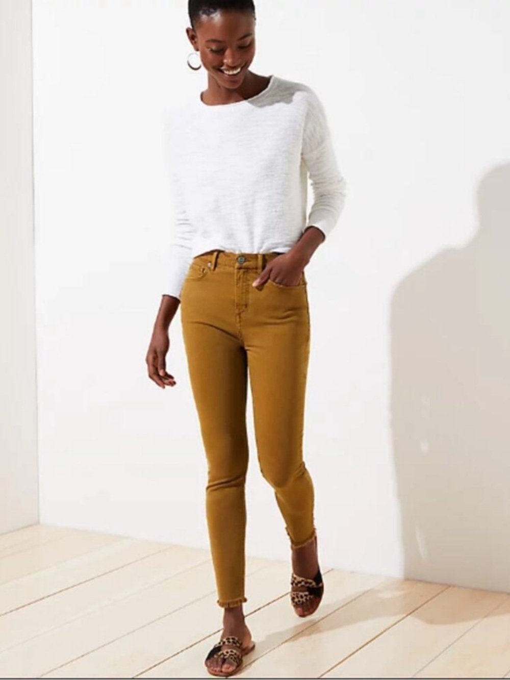LOFT HIGH WAIST SKINNY CROP FRAYED ANKLE JEANS SZ 30/10 IN CAMEL